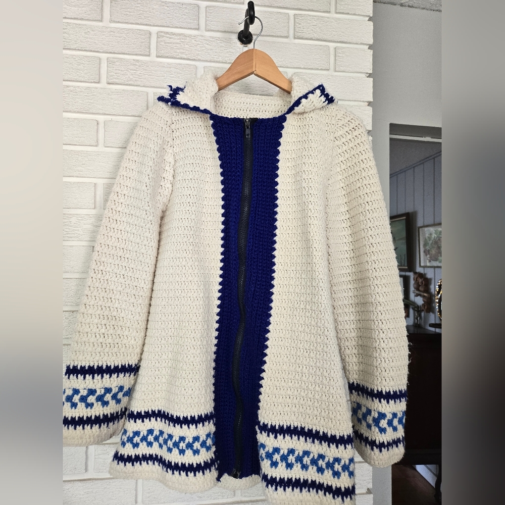 Cozy White and Blue Knit Homemade Hooded Cardigan